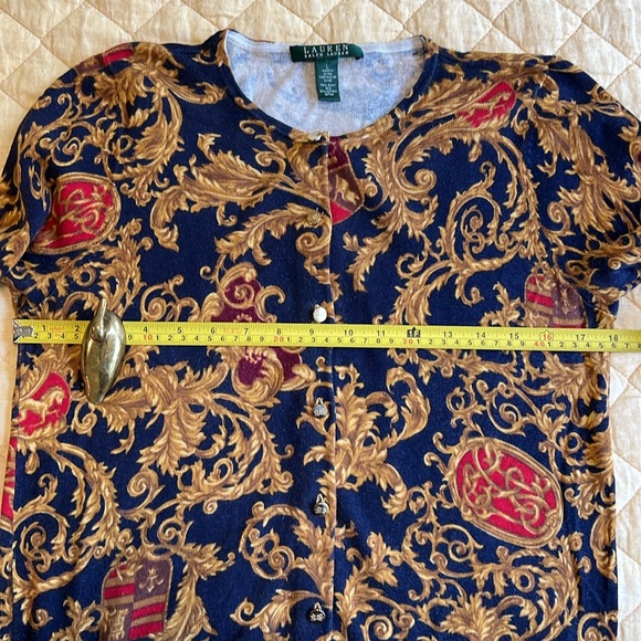 Lauren Ralph Lauren Silk Cotton LRL Crest Pattern Gold Button Cardigan Sweater L - Picture 6 of 7